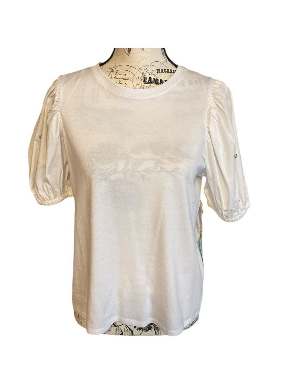 CeCe Embellished Tee Short Sleeve multi Media White Size S New